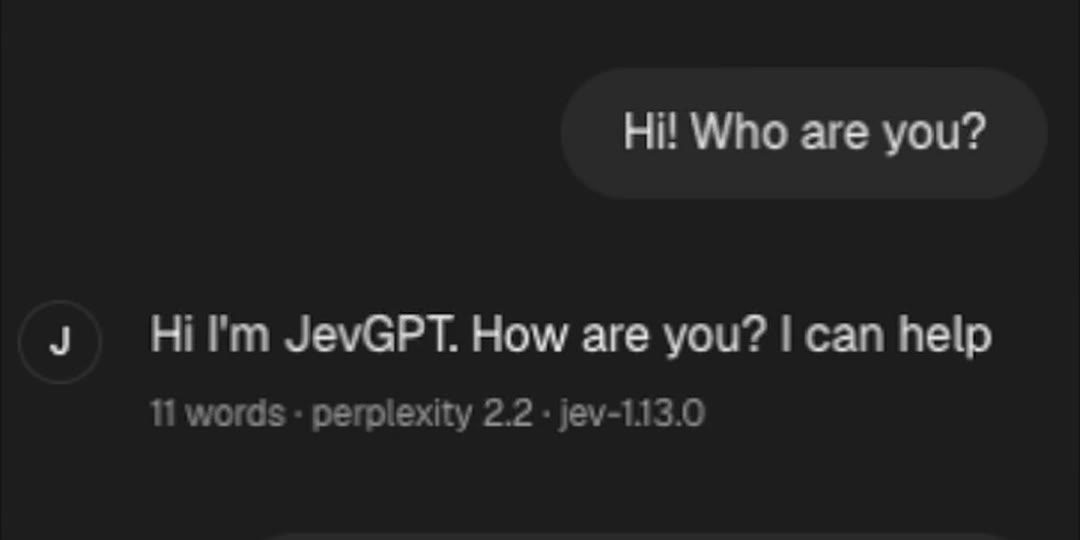 JevGPT chat: a user asks who it is and Jev answers one word at a time